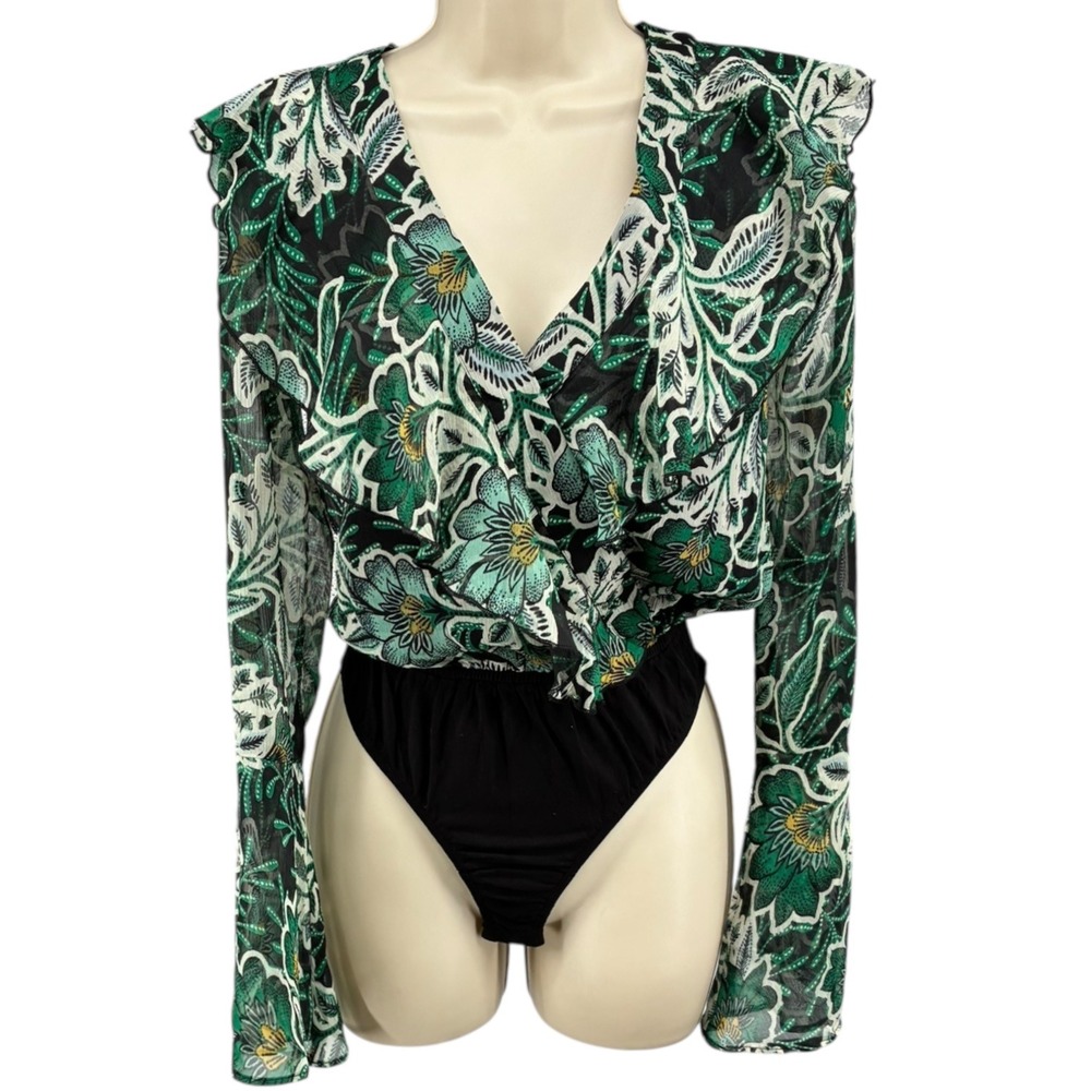 Band of the Free Bonnie Black Emerald‎ Floral Wrap Bodysuit Ruffle S NWT
